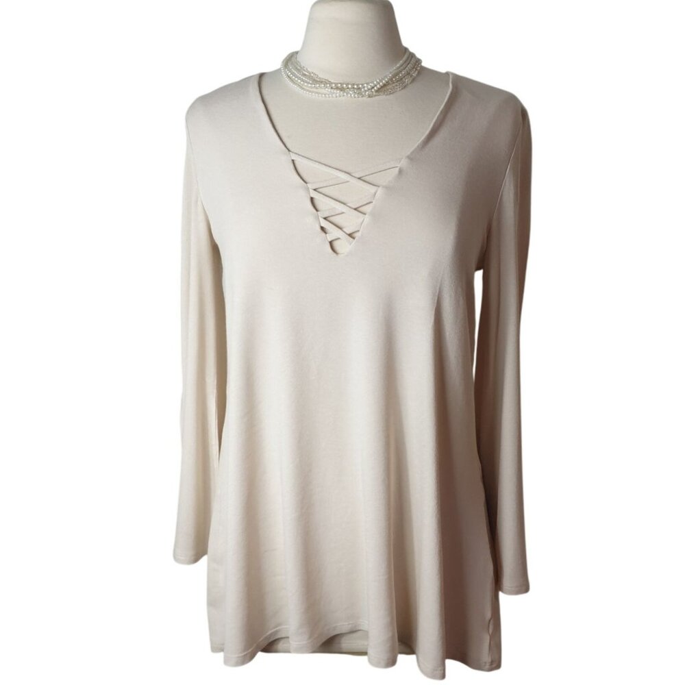 Blooms In The City Boho Tunic M Beige Laceup Lng Slv Flare Hippi V-Neck Chic NEW